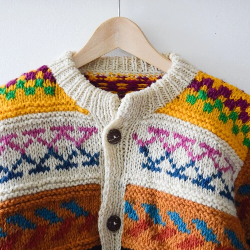 Hand Crafted Cream Multicolor Fair Isle Wool Cardigan - Picture 2 of 4